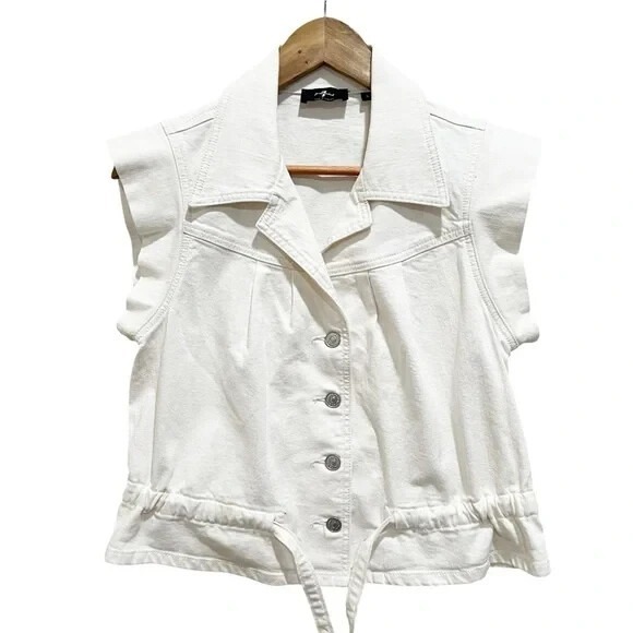 7 For All Mankind White Button Front Utility‎ Top S Collared Drawstring - Picture 2 of 8